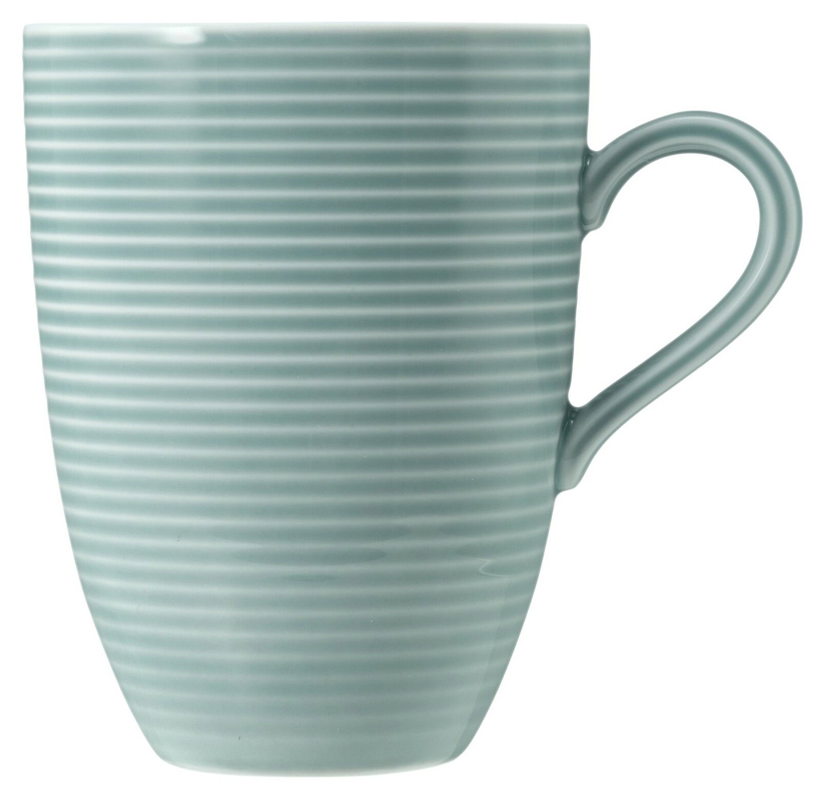 Grauer gestreifter Becher mit Henkel, seitliche Ansicht