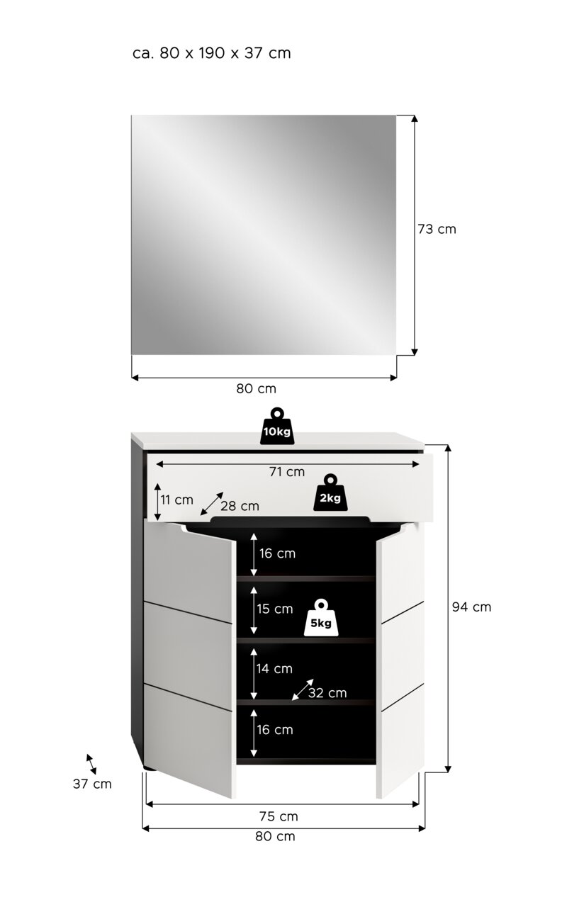 Maßgrafik eines weißen Bad-Unterschranks mit zwei Türen, Frontansicht und geöffneter Ansicht mit Innenmaßen, Gesamtmaß ca. 80 x 190 x 37 cm, Schrank 80 cm breit und 94 cm hoch, Tiefe 37 cm, Spiegel 80 x 73 cm, Traglasten je Fach angegeben.