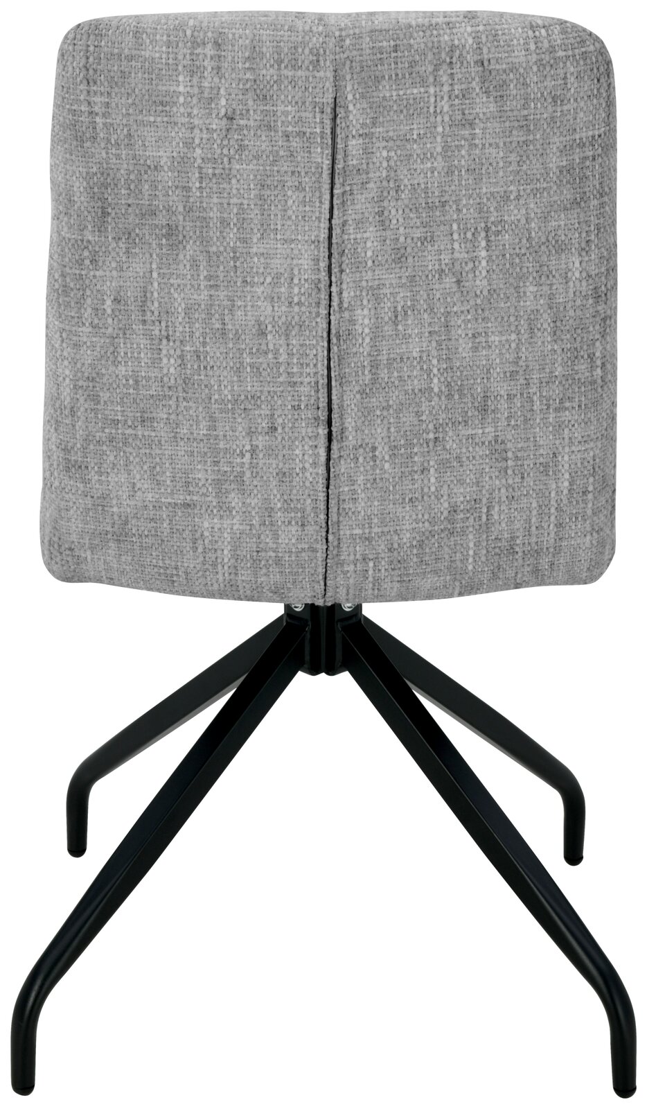 Rückansicht eines grauen Stuhls mit schwarzem Metallgestell