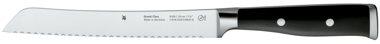Brotmesser mit Wellenschliff und schwarzem Griff, seitliche Ansicht