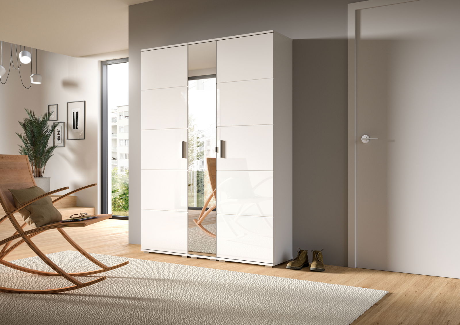 Moderner weißer Garderobenschrank mit Spiegeltür, seitliche Perspektive, in einem stilvoll eingerichteten Raum mit Schaukelstuhl und Pflanzen.