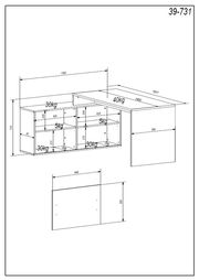 Technische Zeichnung einer Bürokombination mit Maßen und Gewichtskapazitäten, perspektivische Ansicht von vorne.