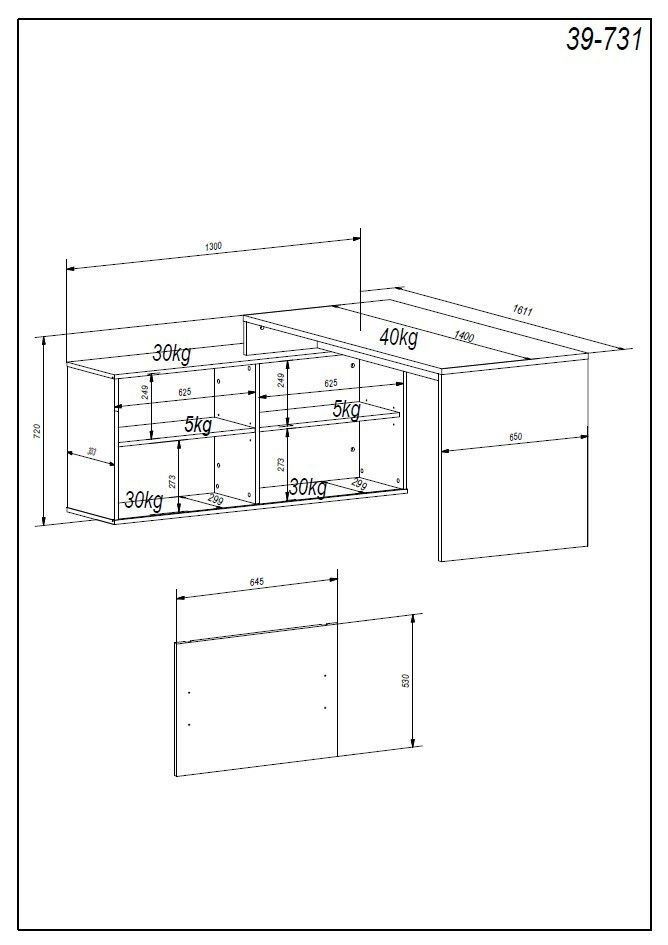 Technische Zeichnung einer Bürokombination mit Maßen und Gewichtskapazitäten, perspektivische Ansicht von vorne.