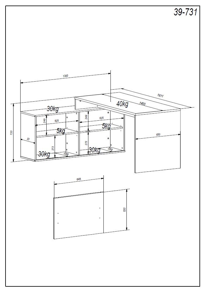 Technische Zeichnung einer Bürokombination mit Maßen und Gewichtskapazitäten, perspektivische Ansicht von vorne.