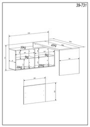 Technische Zeichnung einer Bürokombination mit Maßen und Gewichtskapazitäten, perspektivische Ansicht von vorne.