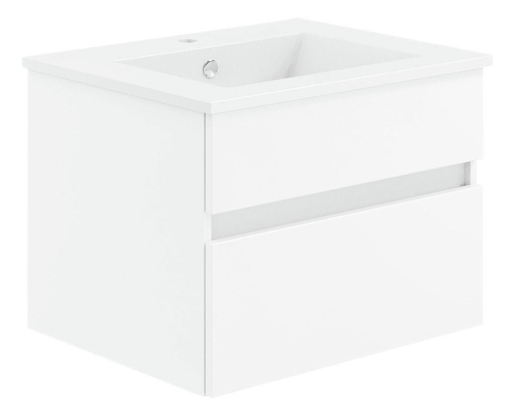 Weiße Badkombination mit Waschbecken und zwei Schubladen, seitliche Perspektive