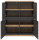 Offenes Highboard mit vier Türen, Holzoptik und dunklen Akzenten, frontale Ansicht