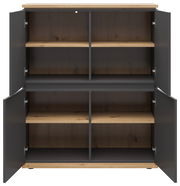 Offenes Highboard mit vier Türen, Holzoptik und dunklen Akzenten, frontale Ansicht