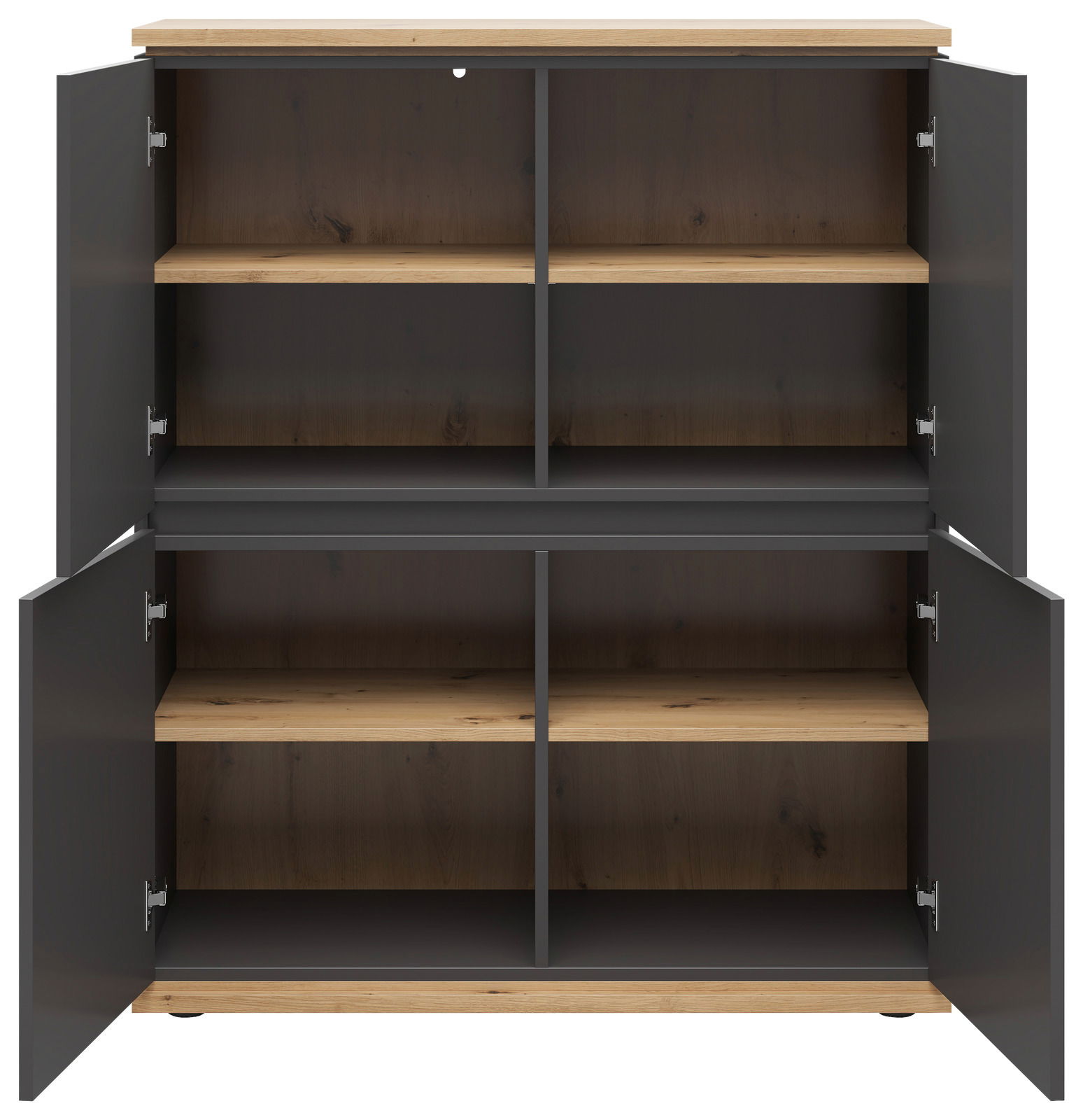 Offenes Highboard mit vier Türen, Holzoptik und dunklen Akzenten, frontale Ansicht