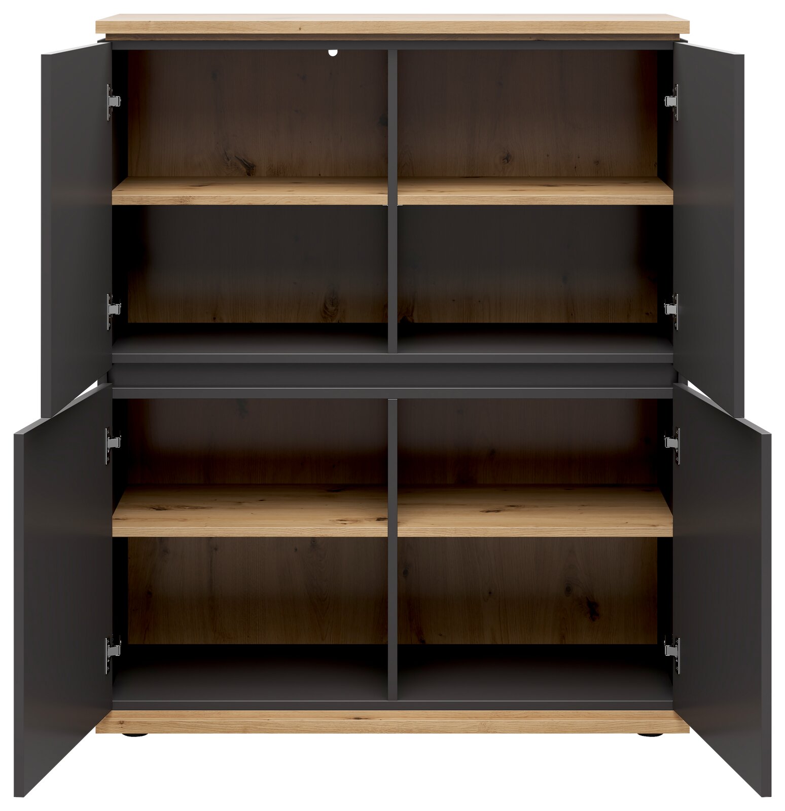 Offenes Highboard mit vier Türen, Holzoptik und dunklen Akzenten, frontale Ansicht