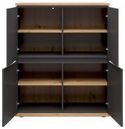 Offenes Highboard mit vier Türen, Holzoptik und dunklen Akzenten, frontale Ansicht