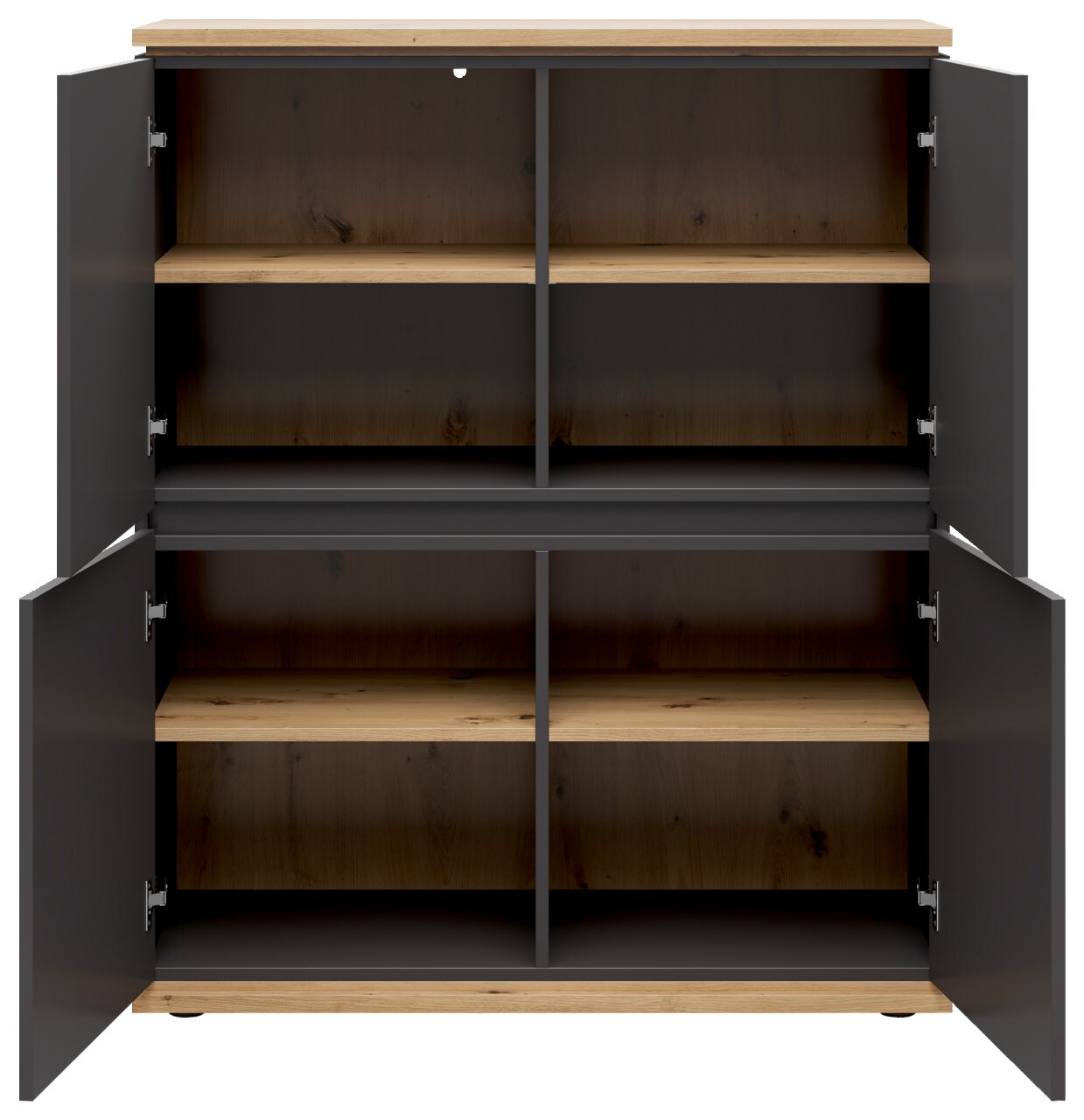 Offenes Highboard mit vier Türen, Holzoptik und dunklen Akzenten, frontale Ansicht