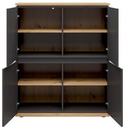 Offenes Highboard mit vier Türen, Holzoptik und dunklen Akzenten, frontale Ansicht