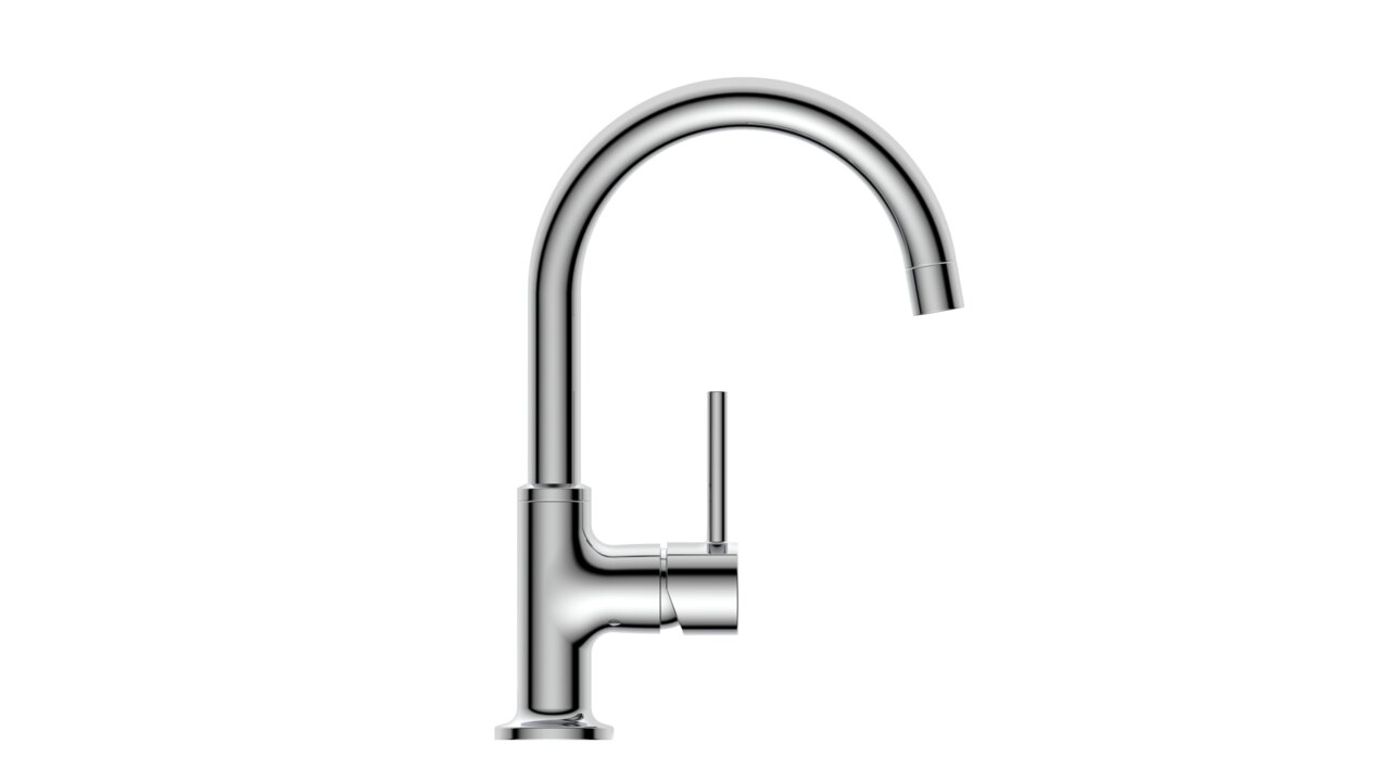 Moderne Waschtischarmatur aus Chrom in Seitenansicht mit gebogenem Auslauf und seitlichem Hebel.