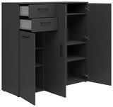 Schwarze Kommode mit zwei offenen Schubladen und mehreren offenen Türen, die verschiedene Fächer zeigen, Perspektive von vorne.