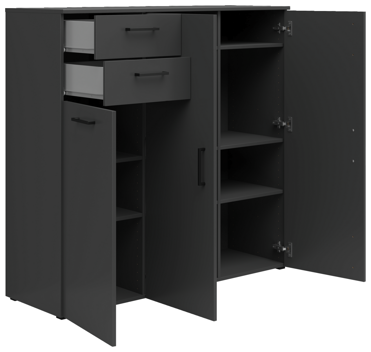 Schwarze Kommode mit zwei offenen Schubladen und mehreren offenen Türen, die verschiedene Fächer zeigen, Perspektive von vorne.