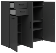 Schwarze Kommode mit zwei offenen Schubladen und mehreren offenen Türen, die verschiedene Fächer zeigen, Perspektive von vorne.