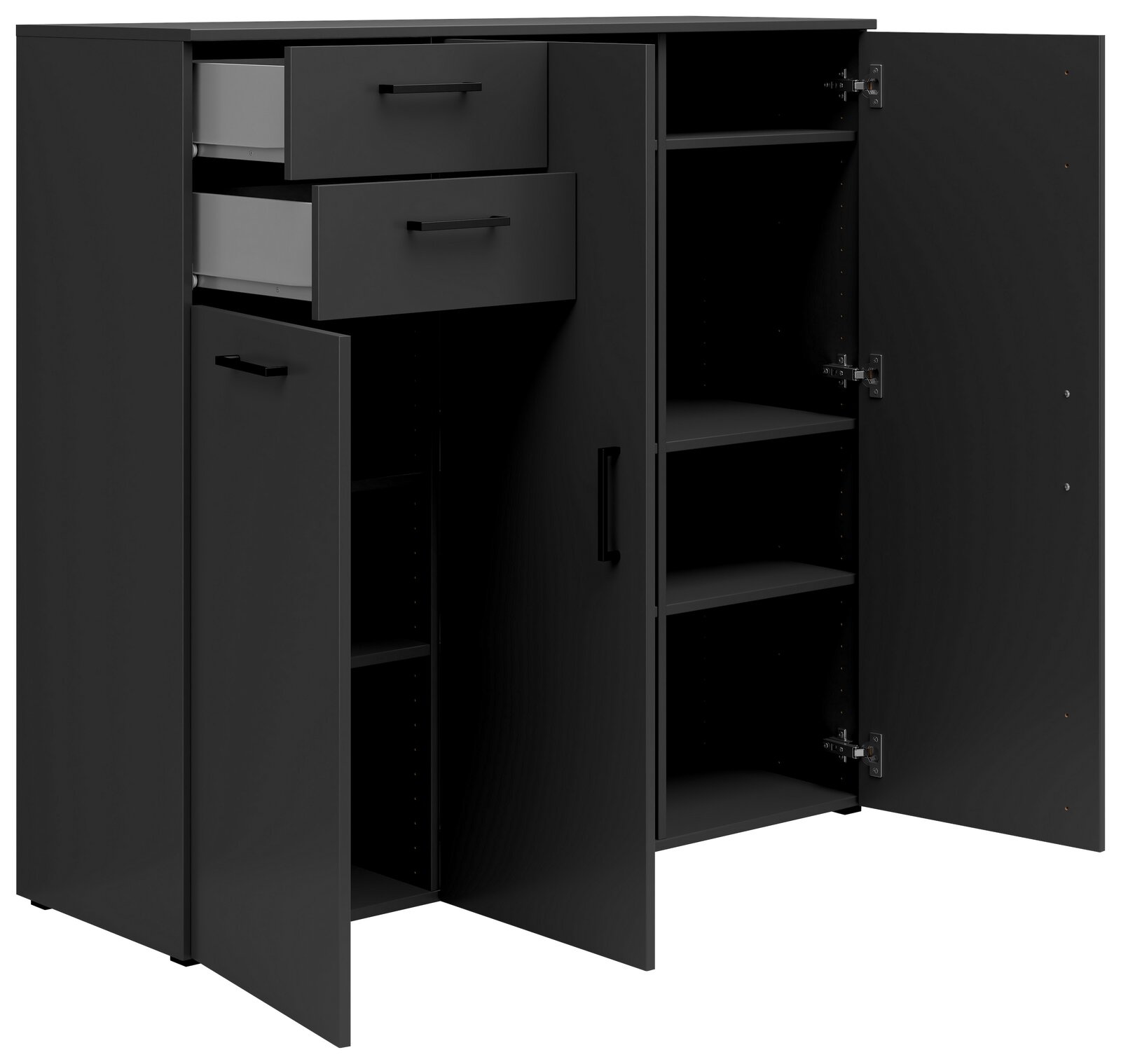 Schwarze Kommode mit zwei offenen Schubladen und mehreren offenen Türen, die verschiedene Fächer zeigen, Perspektive von vorne.