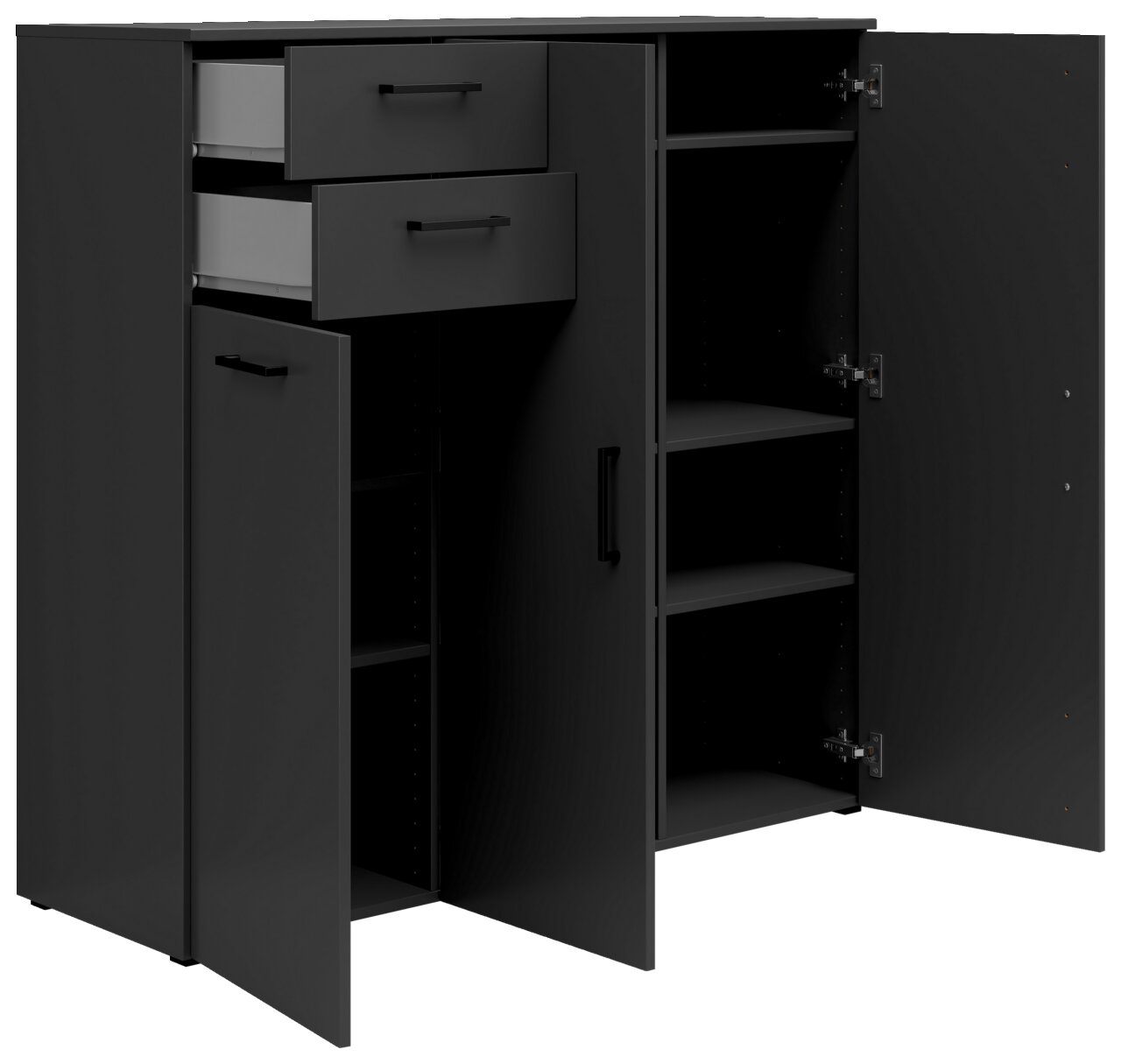 Schwarze Kommode mit zwei offenen Schubladen und mehreren offenen Türen, die verschiedene Fächer zeigen, Perspektive von vorne.