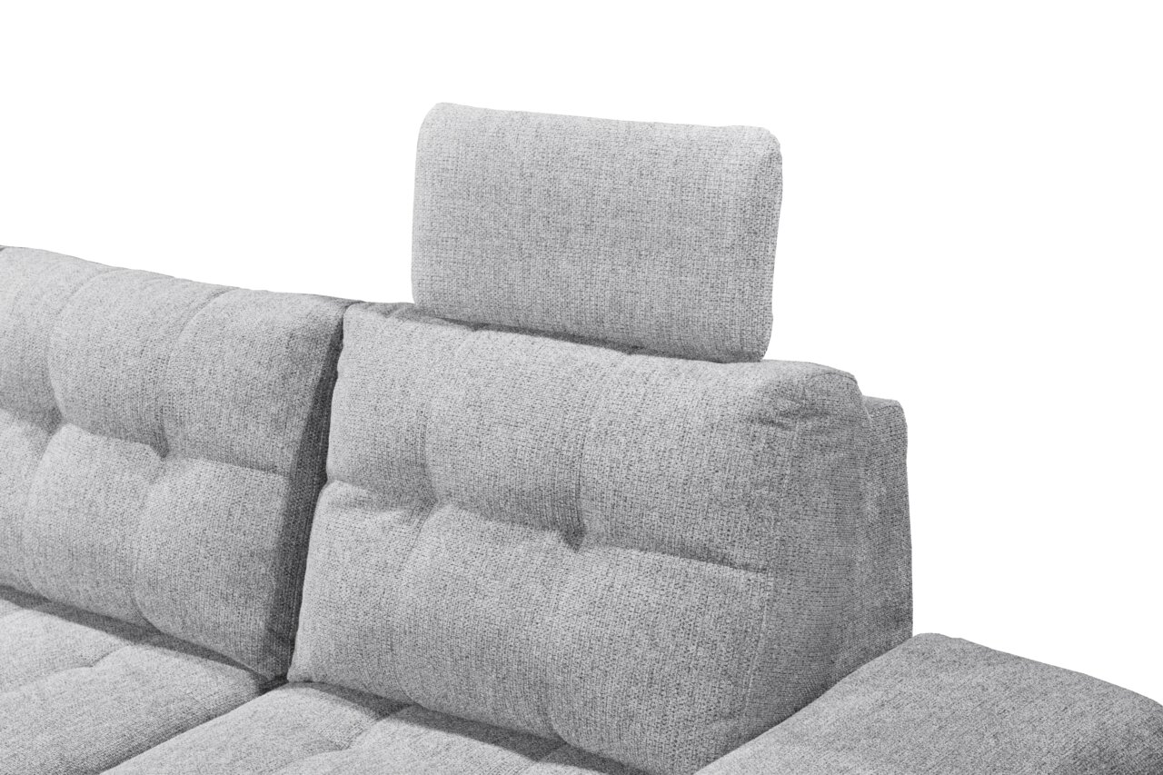 Graues Sofa mit verstellbarer Kopfstütze, seitliche Perspektive