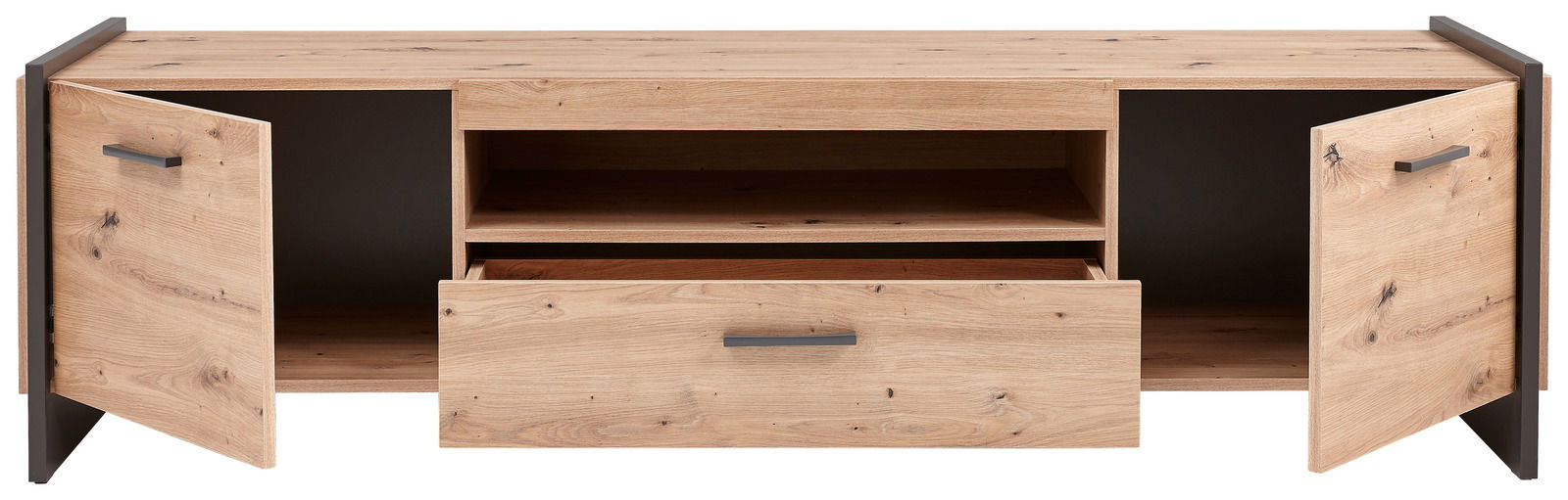 TV-Lowboard aus Holz mit zwei offenen Türen und einer Schublade, Frontalansicht