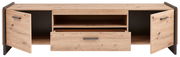 TV-Lowboard aus Holz mit zwei offenen Türen und einer Schublade, Frontalansicht