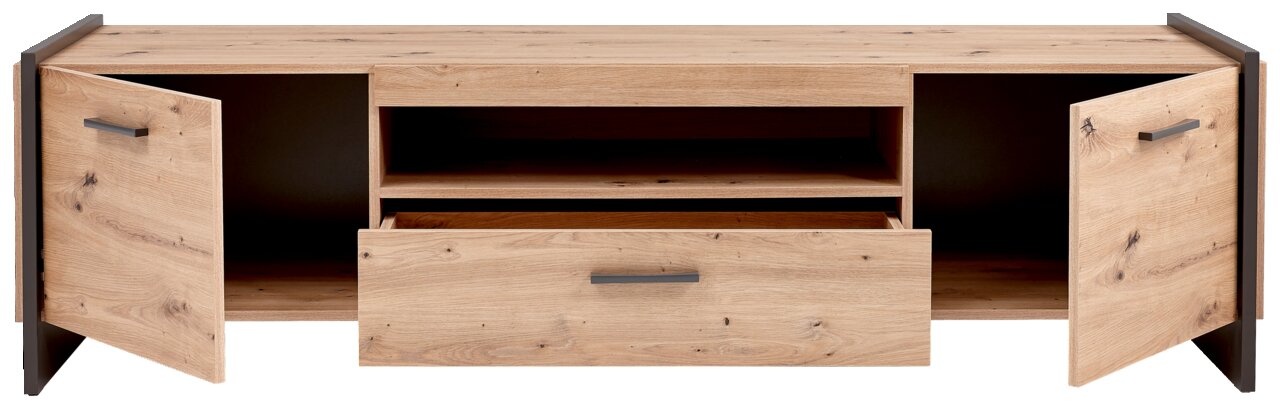 TV-Lowboard aus Holz mit zwei offenen Türen und einer Schublade, Frontalansicht
