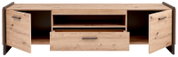 Houten tv-lowboard met twee open deuren en een lade, vooraanzicht
