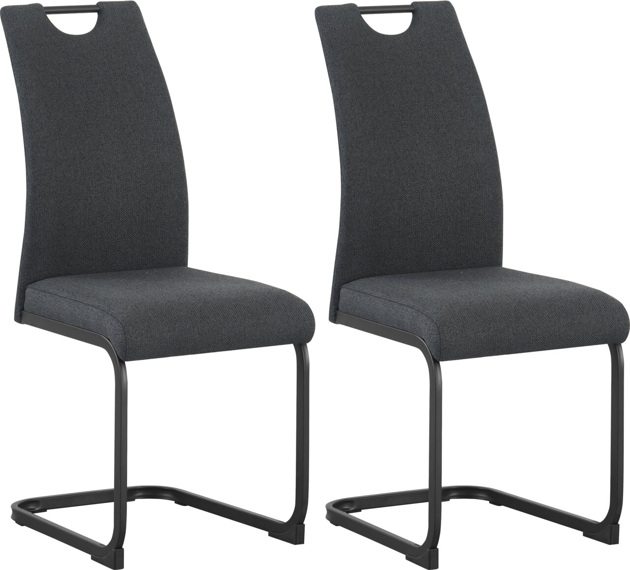 Zwei moderne Freischwinger-Stühle mit dunkelgrauem Stoffbezug, hoher Rückenlehne mit Griffausschnitt und schwarzem Metallgestell, in schräger Vorderansicht vor weißem Hintergrund