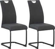 Zwei moderne Freischwinger-Stühle mit dunkelgrauem Stoffbezug, hoher Rückenlehne mit Griffausschnitt und schwarzem Metallgestell, in schräger Vorderansicht vor weißem Hintergrund