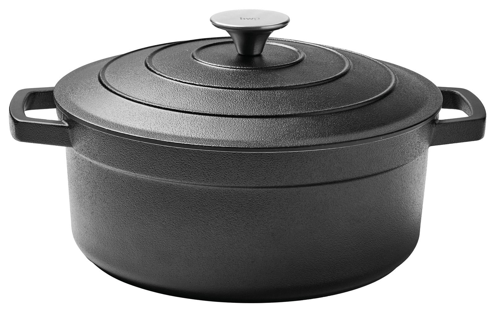 Homeware Kochtopf 24cm Schwarzer Kochtopf aus Gusseisen mit Deckel, seitliche Perspektive