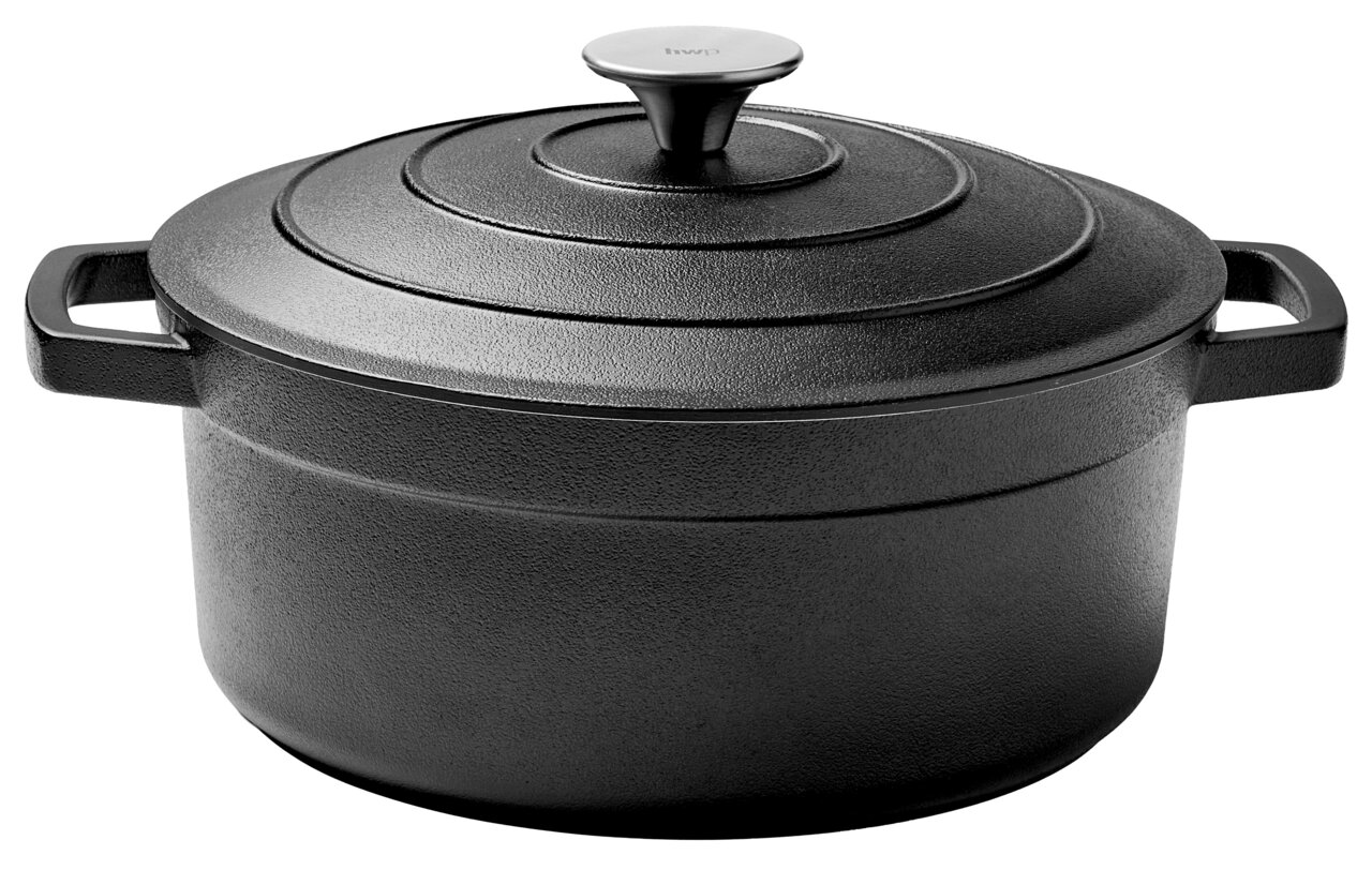 Homeware Kochtopf 24cm Schwarzer Kochtopf aus Gusseisen mit Deckel, seitliche Perspektive