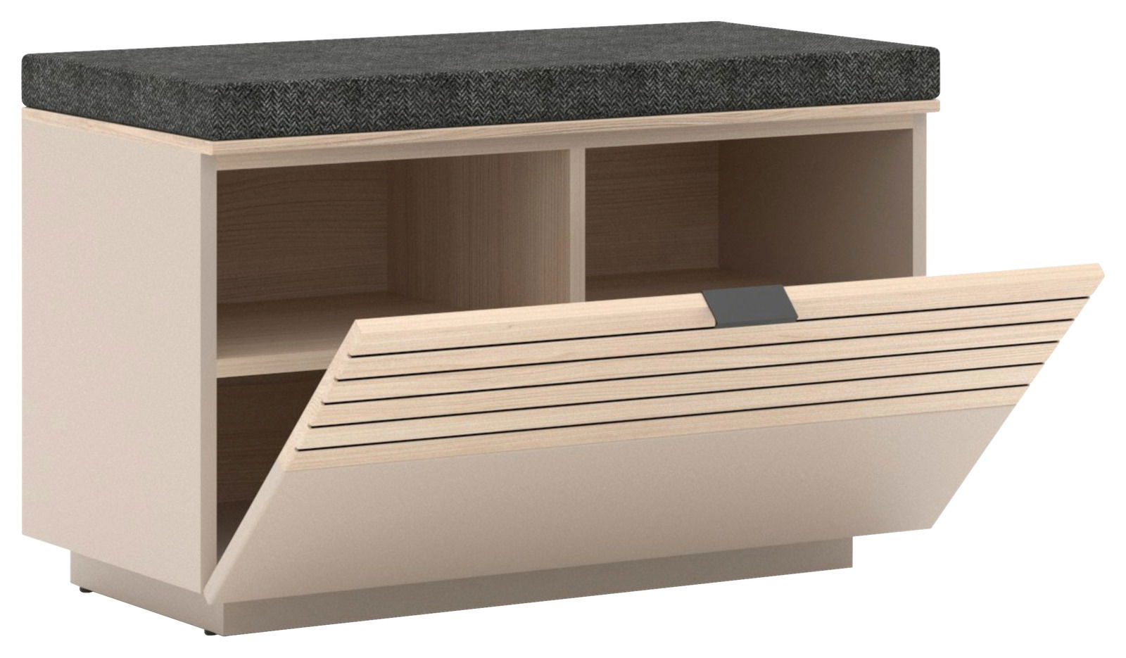 Garderobenbank mit gepolstertem Sitzkissen, offener Frontansicht, zeigt zwei offene Fächer und eine herunterklappbare Tür mit Holzlamellen.