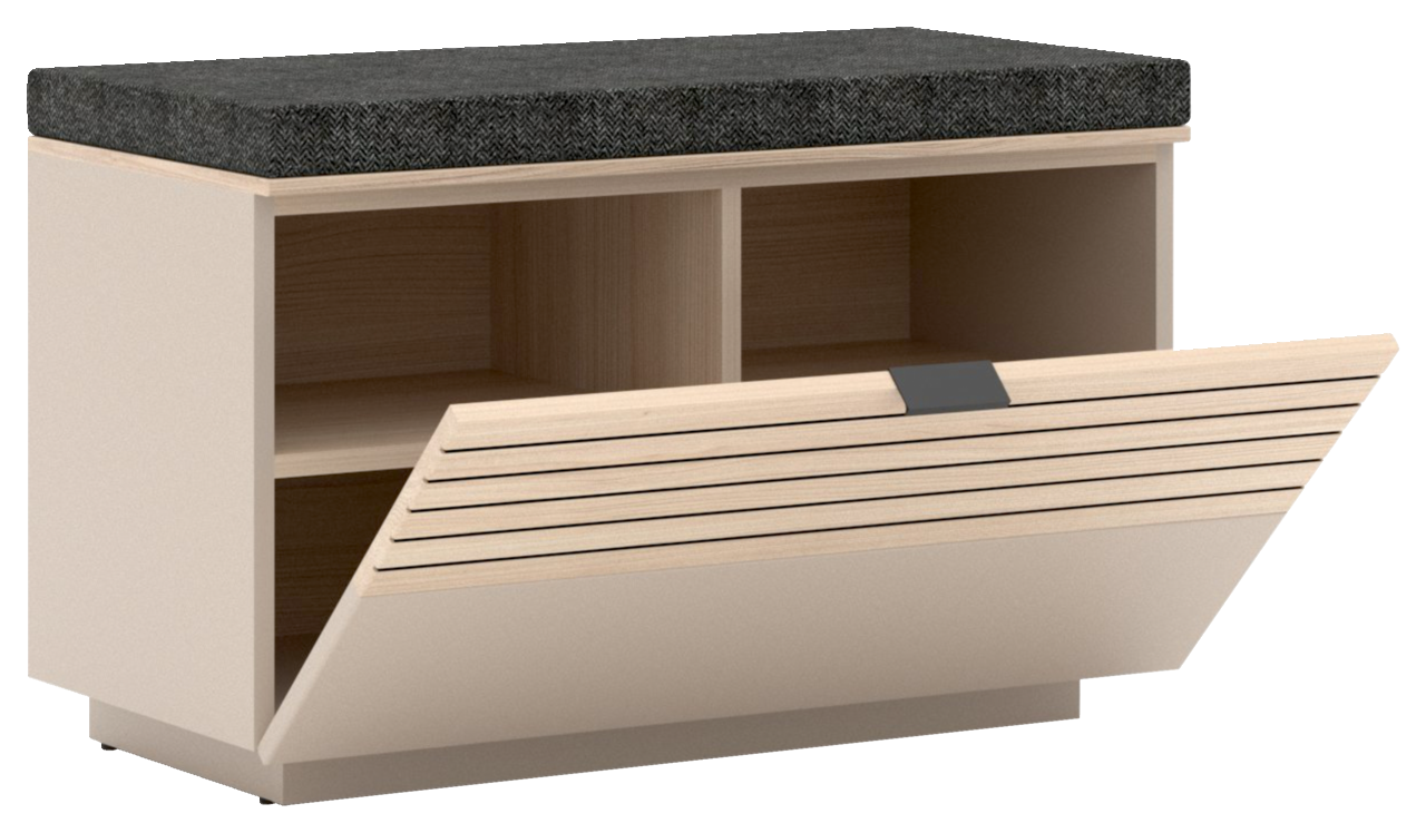 Garderobenbank mit gepolstertem Sitzkissen, offener Frontansicht, zeigt zwei offene Fächer und eine herunterklappbare Tür mit Holzlamellen.