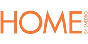 Logo der Marke HOME in orangefarbener Schrift auf weißem Hintergrund, seitliche Perspektive.