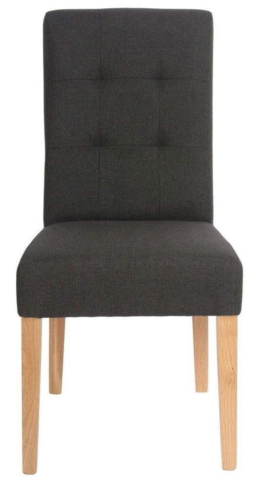 Moderner Stuhl mit dunklem Stoffbezug und hellen Holzbeinen, Frontalansicht