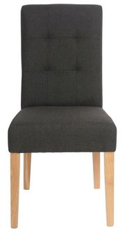 Moderner Stuhl mit dunklem Stoffbezug und hellen Holzbeinen, Frontalansicht