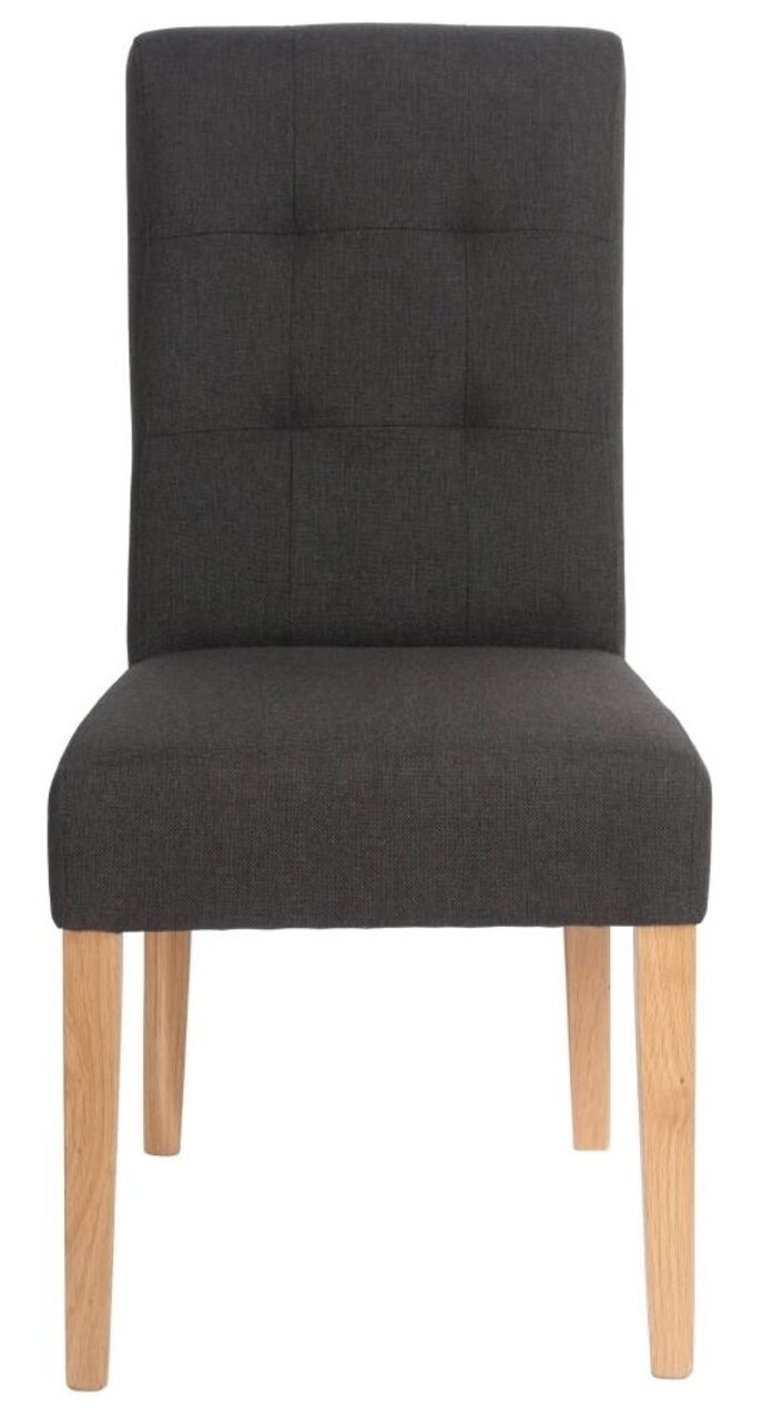 Moderner Stuhl mit dunklem Stoffbezug und hellen Holzbeinen, Frontalansicht