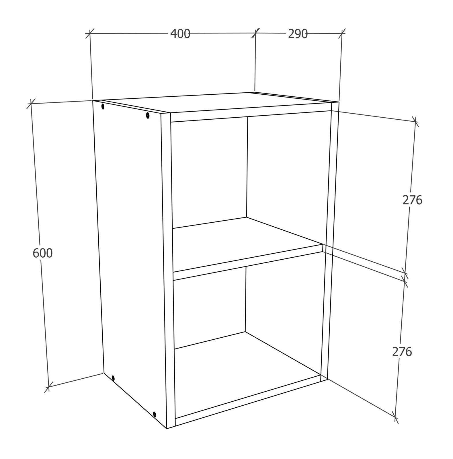 Technische Strichzeichnung eines offenen Regalschranks mit Zwischenboden, Maße ca. 600 mm Höhe, 400 mm Breite und 290 mm Tiefe, perspektivische Ansicht schräg von vorne/oben.