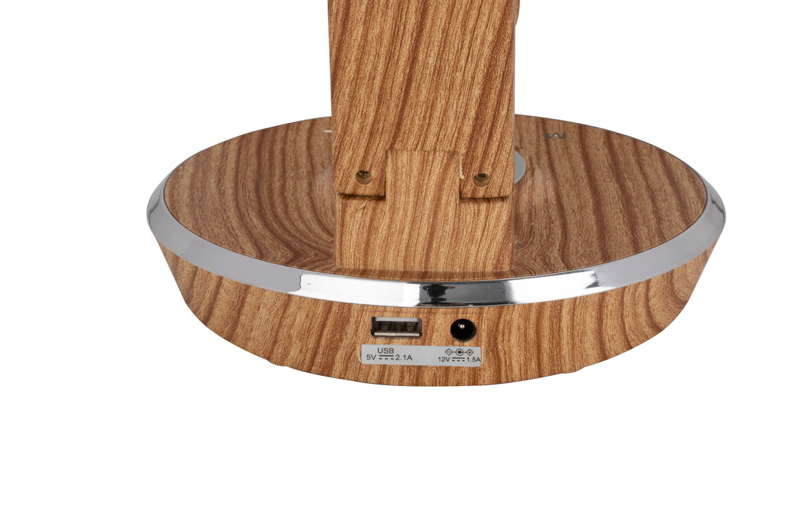 Nahaufnahme der Basis einer Schreibtischleuchte mit Holzoptik und USB-Anschluss, von hinten betrachtet.