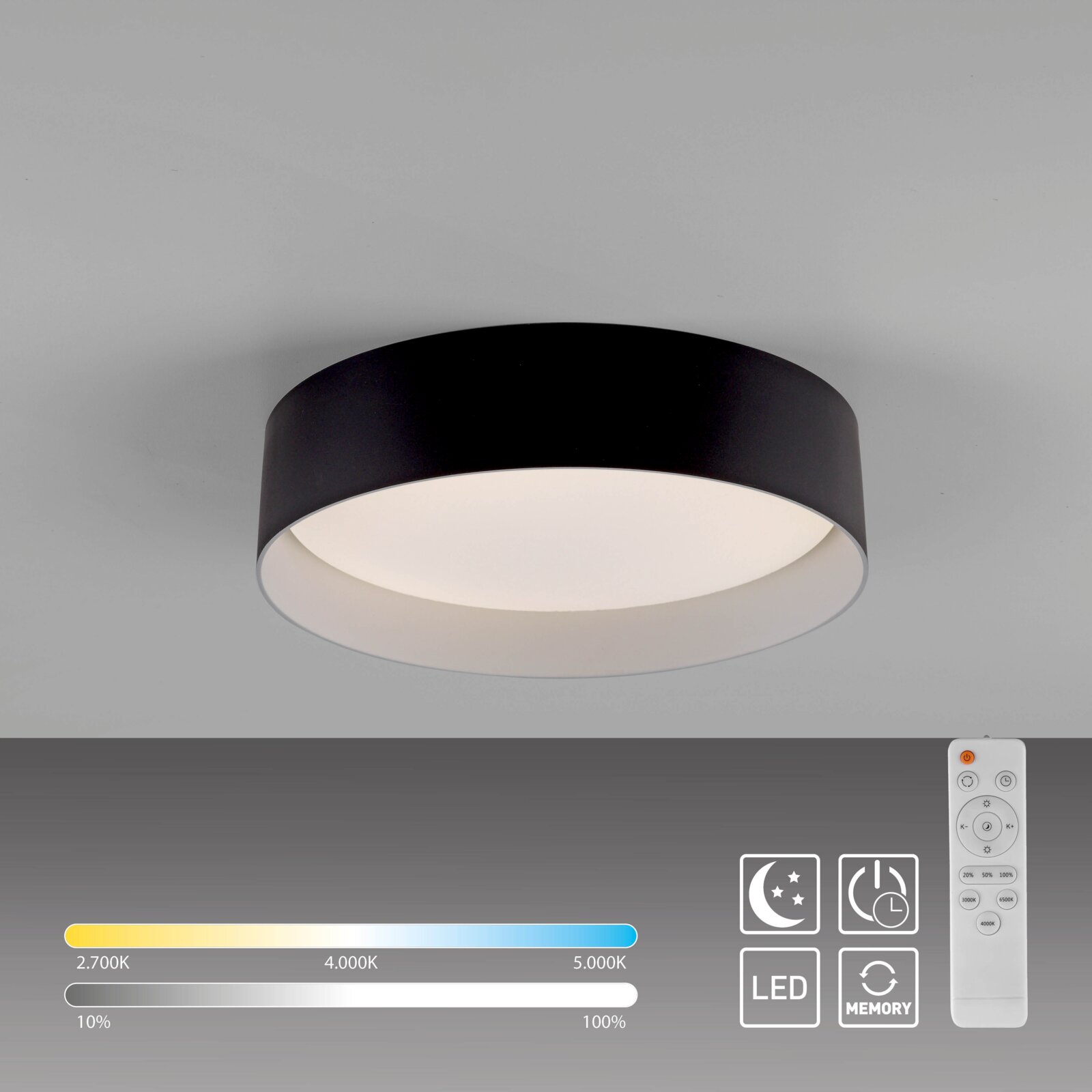 Runde, schwarze LED-Deckenleuchte mit weißem Diffusor an grauer Decke, perspektivisch von unten im leichten Winkel gezeigt; inkl. Fernbedienung für Dimmen und CCT-Farbtemperatur 2700–5000 K sowie Nachtlicht- und Memory-Funktion.