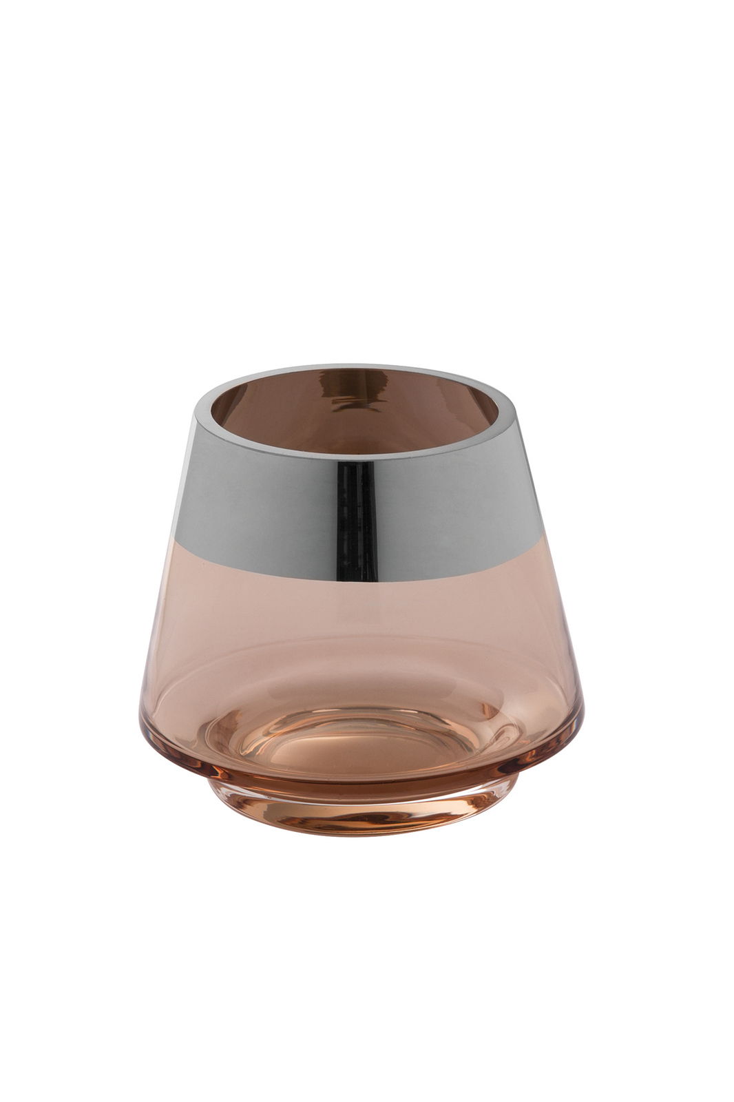 Teelichthalter aus Glas in sandfarbener Tönung mit silbernem Rand, seitliche Perspektive