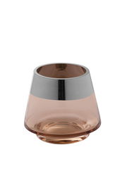 Teelichthalter aus Glas in sandfarbener Tönung mit silbernem Rand, seitliche Perspektive