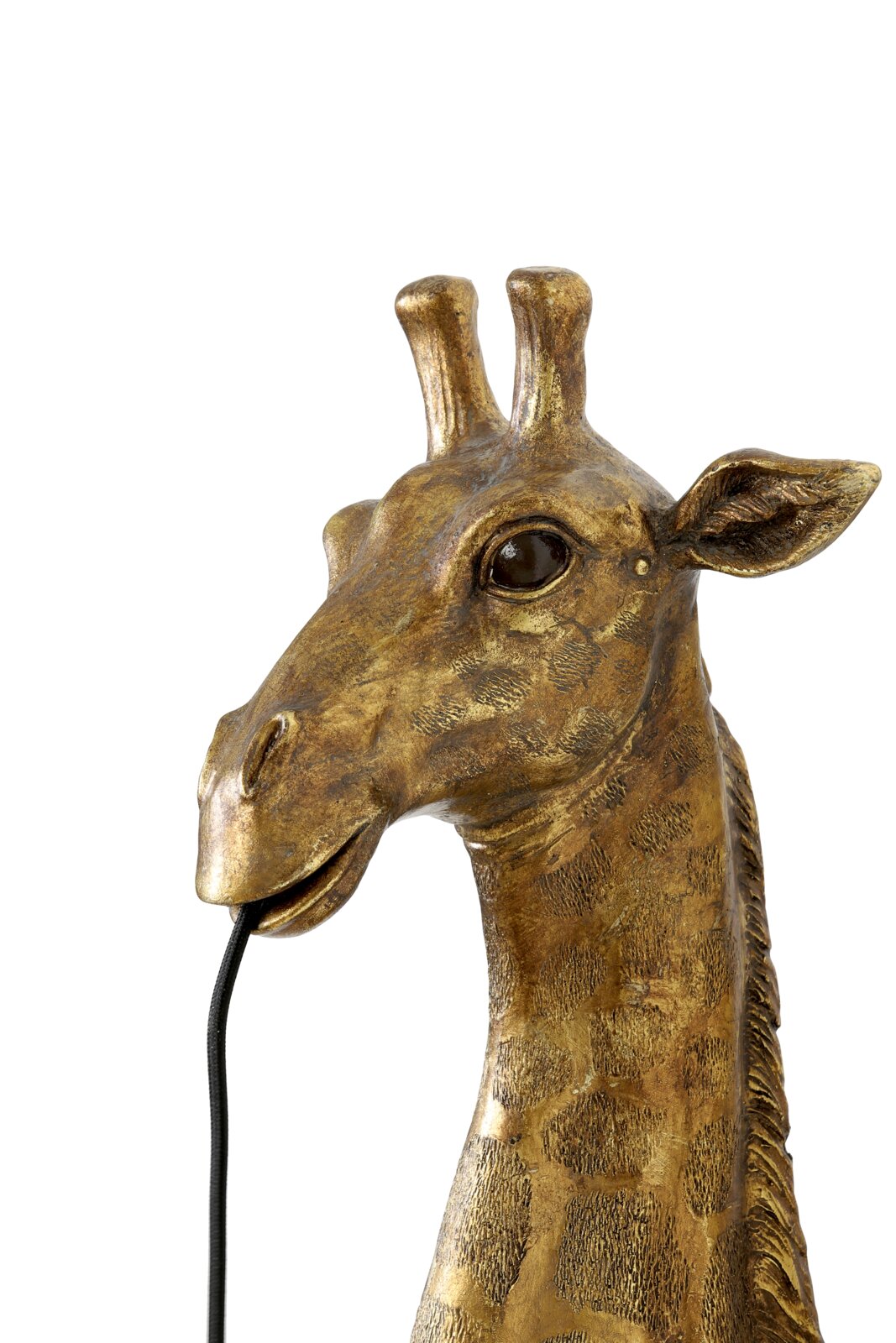 Nahaufnahme einer goldenen Giraffen-Wandleuchte mit Kabel im Maul, seitliche Perspektive.