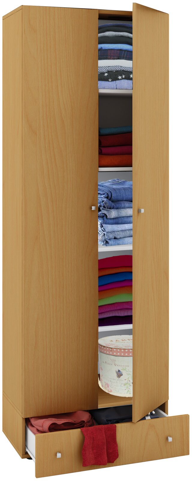 Hoher Kleiderschrank in heller Holzoptik mit zwei leicht geöffneten Türen, sichtbaren Regalböden mit gefalteter Kleidung und einer geöffneten Schublade unten – frontale Ansicht in leichter Schrägperspektive.