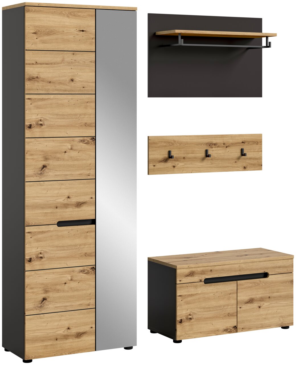 MID.YOU Garderobenkombination CANU Garderobenkombination in Holzoptik mit Spiegel, bestehend aus einem hohen Schrank, einer Wandgarderobe mit Haken und einem Schuhschrank, seitliche Perspektive
