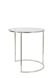 Moderner runder Beistelltisch mit Glasplatte und Metallgestell, seitliche Perspektive.