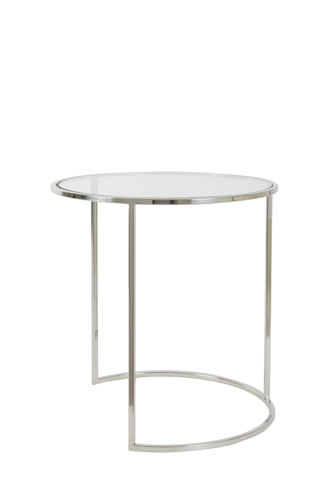 Moderner runder Beistelltisch mit Glasplatte und Metallgestell, seitliche Perspektive.