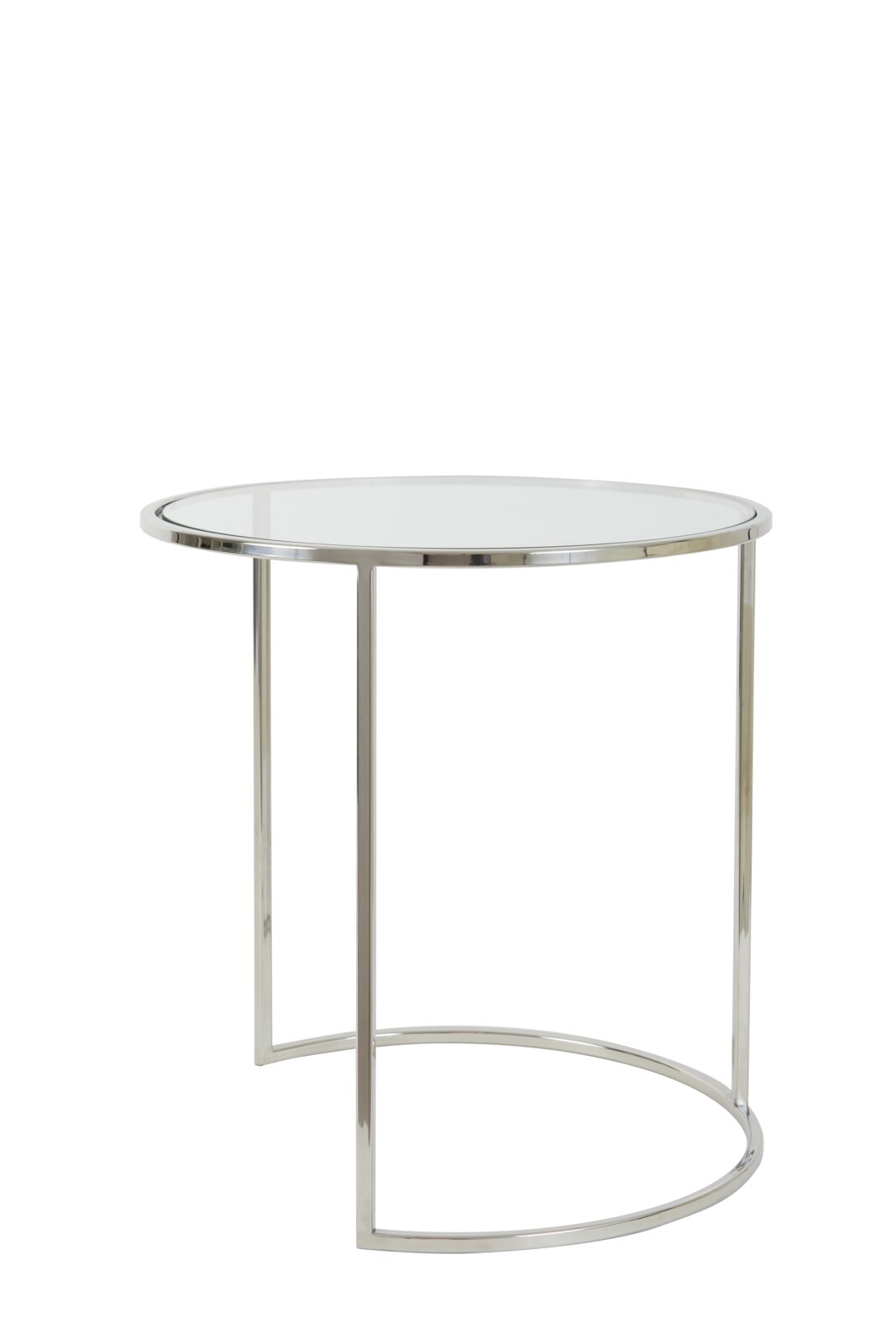 Moderne ronde bijzettafel met glazen blad en metalen onderstel, gezien vanaf de zijkant.