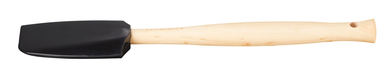 Mittlere Kochkelle mit schwarzem Kopf und hellem Holzgriff, seitliche Perspektive